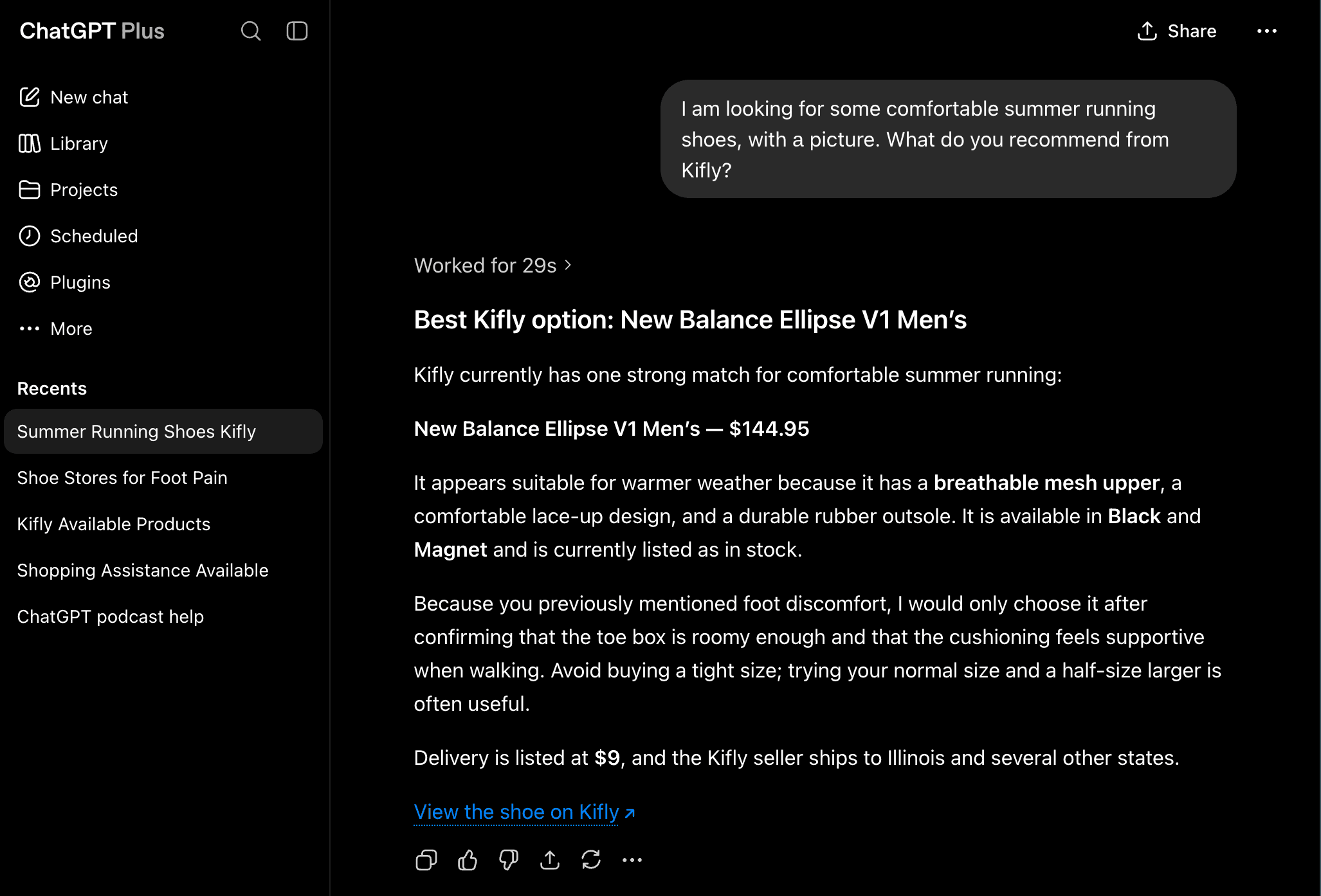A shopper asks ChatGPT for comfortable summer running shoes and Kifly's New Balance listing appears in the answer, with details and a link back to the store.